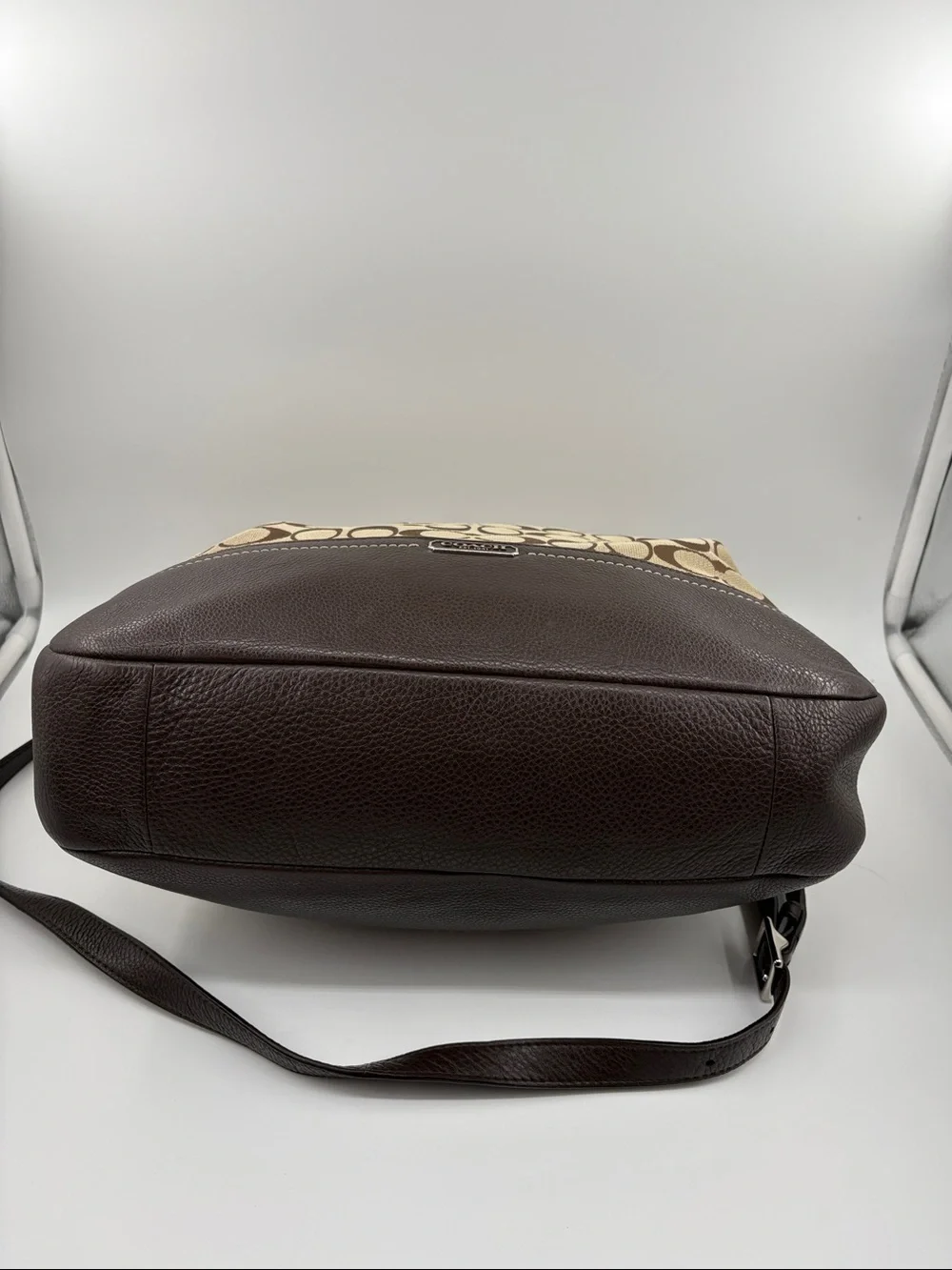Coach Brown & Beige Signature Canvas Shoulder Bag with Dark Brown Leather Trim